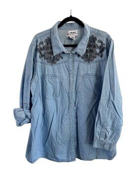 Back in the Saddle Blue Embroidered Eyelet Denim Pearl Snap Shirt Western 3X